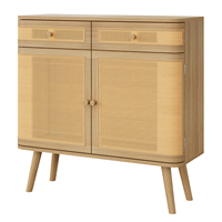 Buffet en rotin avec bords arrondis, 2 portes et 2 tiroirs, meuble de rangement scandinave tressé pour entrée