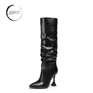 knee high women fancy boots croc emboss wine. glass heel pointed toe long boots
