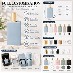 Flacon de parfum bleu ardoise minimaliste nordique 50 ml 1,7 oz, récipient carré en verre avec bouchon doré brillant pour parfum unisexe en gros - Product Image 6