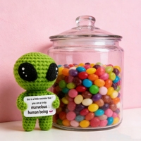 Poupée Alien Amigurumi en Peluche Faite Main au Crochet avec Fil Vert, Vente en Gros, avec Carte Positive, Cadeau Personnalisé, Décoration de Bureau