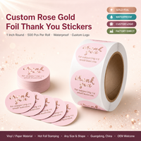 Autocollant UV auto-adhésif en gros, impression personnalisée 'Merci', autocollant en papier étanche avec feuille d'or rose pour petites entreprises