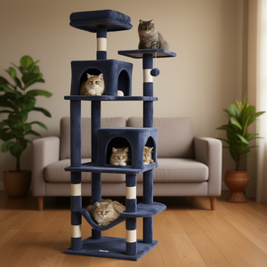 Db Wholesale Moderne Tour pour chat de 63 pouces en bois gris clair avec 2 niches, griffoir en sisal, grande maison pour chat d'intérieur - Product Image 2