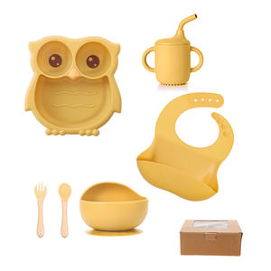 BPA-Free Custom Printed Cartoon Animal Silicone Baby Feeding Set Kids Dining Tableware with Suction Bowl and Divided <strong>Owl</strong> <strong>Plate</strong> - Product Image 1