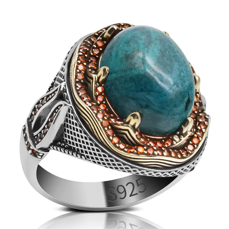 Genuine 925 Sterling Silver Rings Chrysocolla Ring Natural Stone Men Women Ring