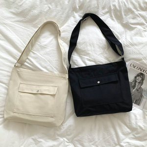 Solid Color Canvas Messenger Bag Horizontal Square Zipper Closure Everyday Use Women's Bag Black And White Spring 2023 - Product Image 1