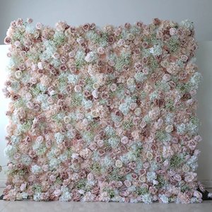 Mur de fleurs artificielles pour mariage, toile de fond 3D 8ft x 8ft, panneau enroulable, roses en tissu blanc et gypsophile rose - Product Image 1