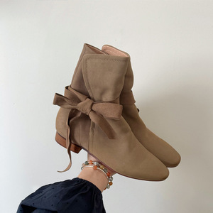 2026 Korean Style Niche Genuine Leather Square Toe Bow <b>Tie</b> Ankle Boots For Women Casual Shoes - Product Image 3