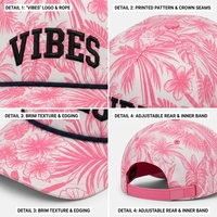 Gorra de béisbol OEM con diseño de 5 paneles en forma de A, logotipo bordado en 3D personalizado, sombrero con cuerda, estampado floral tropical rosa, bordado 3D en relieve