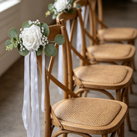 Fleurs artificielles faites à la main pour dossier de chaise, roses blanches avec feuilles d'eucalyptus, longs rubans, décorations réutilisables pour mariage et fêtes