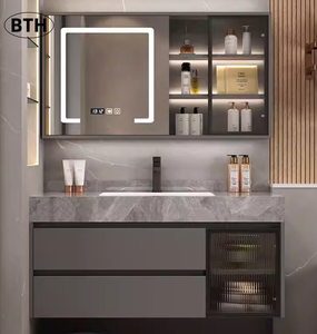Meuble-lavabo moderne en <span class=keywords><strong>bois</strong></span> avec plateau en pierre frittée, miroir LED et <span class=keywords><strong>rangement</strong></span>, idéal pour appartement et villa - Product Image 1