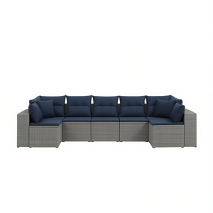 Conjunto de Sofá de Jardín de Ratán Sintético Gris con Cojines, 7 Plazas, Muebles de Exterior de Diseño Contemporáneo - Product Image 1