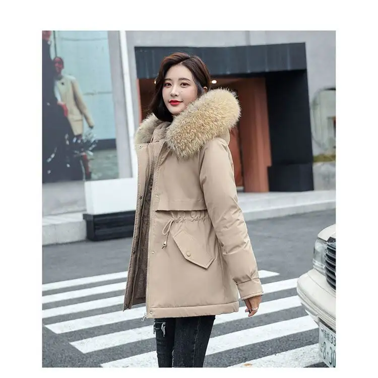 Damen Velvet Liner Verdicken Kapuze Parka Frauen Slim Mit Big Fur Collar Oberbekleidung Herbst Wintermantel Parkas Weibliche Daunen jacke