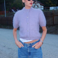 Amerikanischer Vintage Halbhoher Kragen Slim Fit Kurzarm-Strickjacke für Damen, Modische Einreihige Mohair-Strickjacke