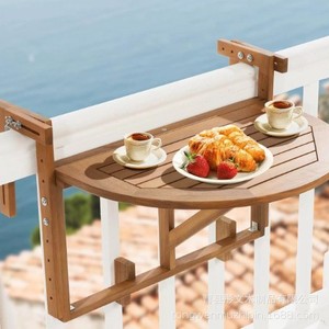 Wooden Folding <b>Table</b> Balcony Bar Counter Adjustable <b>Outdoor</b> Snack <b>Table</b> Solid Wood Hanging Railing Mount - Product Image 1