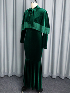 Robe de soirée longue en velours à manches longues avec cape, à franges vertes, pour Noël, modèle AM050848 - Product Image 5