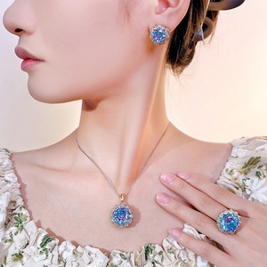 Vintage Eco-friendly Copper Diamond Jewelry <b>Set</b> New Fashion 16-10mm Pink Blue Cubic Zirconia Trendy Pendant <b>Earrings</b> Ring <b>Set</b> - Product Image 5