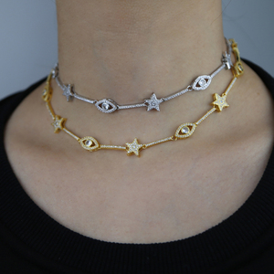 Nuova Collana Girocollo Placcata Oro con Ciondolo a Stella e <span class=keywords><strong>Occhio</strong></span> di Allah, Catena Geometrica a Barre, con Zirconia Cubica Incastonata, Catena Vuota, Gioielli da Donna - Product Image 4
