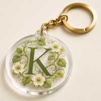 Porte-clés en acrylique transparent avec initiale, motif floral blanc et vigne verte, souvenir de mariage botanique, cadeau en gros