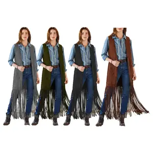 Vrouwen Hippie Suede Tassel Fringe Mouwloze Vest Open Voorzijde Gedrapeerde Lange Stofdoek Met Zakken Mode Vest