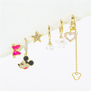 सपा प्यारा लड़की फैशन गुलाबी तामचीनी माउस कान की बाली सेट 18K सोना मढ़वाया जिक्रोन दिल लंबी लटकन कान की बाली सेट - Product Image 2