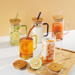 Taza de cristal de forma cuadrada de gran oferta con logotipo personalizado y tapa de Bambú - Product Image 1