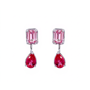 Tianyu Gems Custom 18K gold <b>Emerald</b> cut Morganite and Pear Red Paparacha Women 's <b>Stud</b> <b>Earrings</b>. - Product Image 1