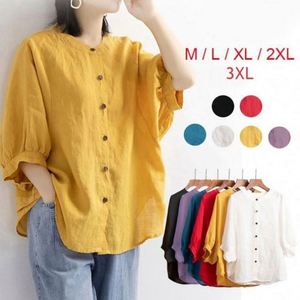 Camiseta de verano para mujer con cuello halter, estilo pagoda, ecológica, transpirable, holgada, vintage, de manga corta, informal, de algodón y cáñamo, lisa y larga. - Product Image 1
