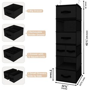 Organisateur de placard suspendu avec 6 étagères, 5 tiroirs, 6 poches latérales, en tissu non tissé détachable, pour le rangement des vêtements dans la chambre, type crochet - Product Image 3