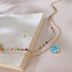 Devil Eye Blue Enamel Heart Non-Tarnish 18K <b>Gold</b> Plated Stainless Steel <b>Anklets</b> for Women Colorful Rainbow Chain Fashion Jewelry - Product Image 2