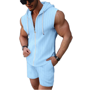 Conjunto de Dos Piezas Casual de Verano para Hombre, Estilo Vintage, Chaleco sin Mangas de Punto Transpirable, Pantalones Cortos con Camisa con Capucha y Cremallera - Product Image 2