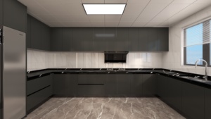 <span class=keywords><strong>Cuisine</strong></span> en U : crédence en marbre foncé, <span class=keywords><strong>hotte</strong></span> aspirante flottante, étagères ouvertes avec éclairage d'ambiance, luxe culinaire fonctionnel - Product Image 2