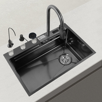 Évier de cuisine à cuve unique fait main, multifonctionnel, en acier inoxydable noir, avec robinet et valve en laiton – Vente flash TikTok