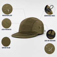 Casquette de sport d'extérieur imperméable à 5 panneaux avec logo personnalisé, en nylon Ripstop perforé au laser, avec cordon de serrage élastique