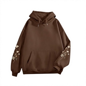 Sudadera con Capucha Marrón Personalizable para Mujer, Bordado Floral, Manga Larga, Informal, Otoñal, Tejida, 100% Algodón, Transpirable - Product Image 1