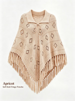 Poncho en tricot ajouré à franges avec col à revers pour femme, châle cape triangulaire doux et respirant