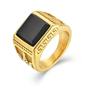 Vintage banhado a ouro aço inoxidável jóias quadrado preto zircônia homens anel