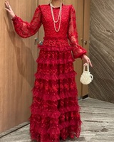 Robe longue trapèze rouge unie en dentelle pour femme, col rond, manches longues, taille haute, jupe à volants superposés en tulle fluide, pour soirée d'automne ou mariage