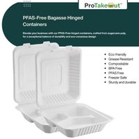 ProTakeOut [9 x 9 x 3 po] Contenants à 3 compartiments en bagasse, lot de 200 (100/2), avec couvercles articulés, sans PFAS, blancs, compostables, compatibles micro-ondes