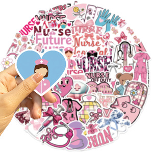 Paquete de 50 pegatinas de garabato de enfermera con lazo rosa para <span class=keywords><strong>guitarra</strong></span>, cuaderno, equipaje, decoración impermeable DIY - Product Image 2