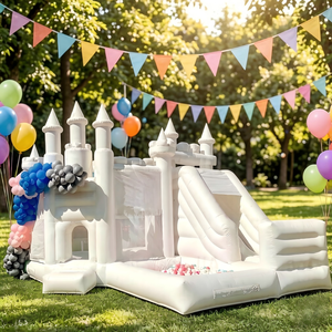 Château gonflable commercial blanc avec toboggan et piscine à balles, structure de jeu tout-en-un pour événements - Product Image 2