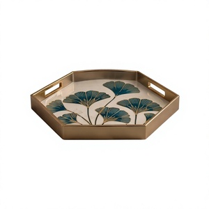 Luxury Hexagon Blue Floral Enamel Serving <b>Tray</b> with <b>Gold</b> Handles Decorative Metal <b>Tray</b> for <b>Coffee</b> <b>Table</b> Ottoman Home Decor - Product Image 1
