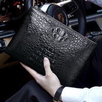 Pochette Homme en Cuir Véritable Motif Croco, Sac à Main Décontracté pour Affaires, Portefeuille Zippé à Dragonne pour Documents