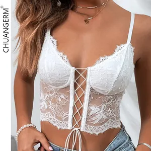CHUANGERM OEM Ins Sexy White&Black Perspective Lace Up Padded Corset V Neck Low Cut Backless Halter Mature Women Crop Tank Top