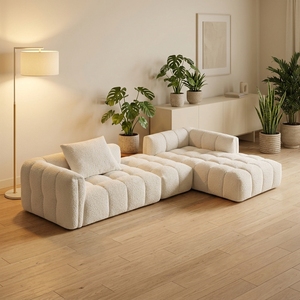 Canapé modulaire tendance et moderne en bouclette, garni d'éponge, capitonné, style Tofu, pour salon et chambre - Product Image 1