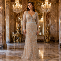 Robe de soirée formelle sirène en tulle nude à manches longues, ornée de perles et de strass en cristal, grande taille