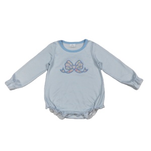 LR2917 rts Mono de manga larga para bebé niña, con estampado de rayas y bordado de lazos florales azules, conjunto infantil al por mayor - Product Image 1