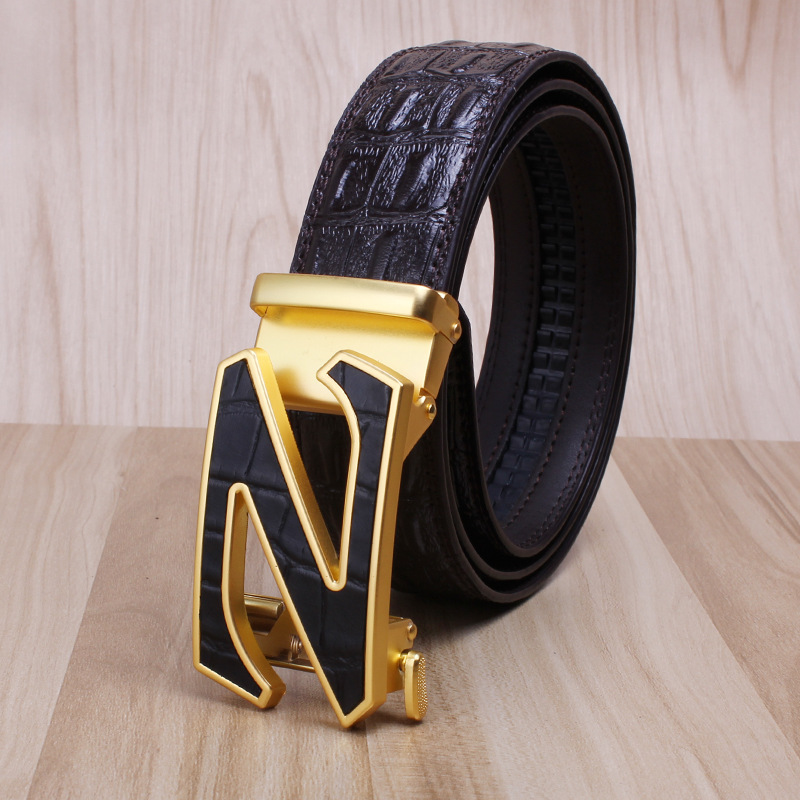 Cinturino marrone in pelle di coccodrillo con fibbia dorata - 120 cm