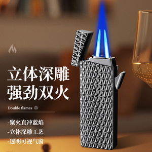 Encendedor de doble llama directa a prueba de viento, de butano, ideal como regalo empresarial, con interruptor bidireccional y ventana transparente de gas. - Product Image 2