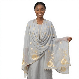 Châle en mousseline gris clair pour femme, brodé de fleurs dorées, léger, respirant, ethnique, hijab modeste, élégant, pour usage quotidien - Product Image 1