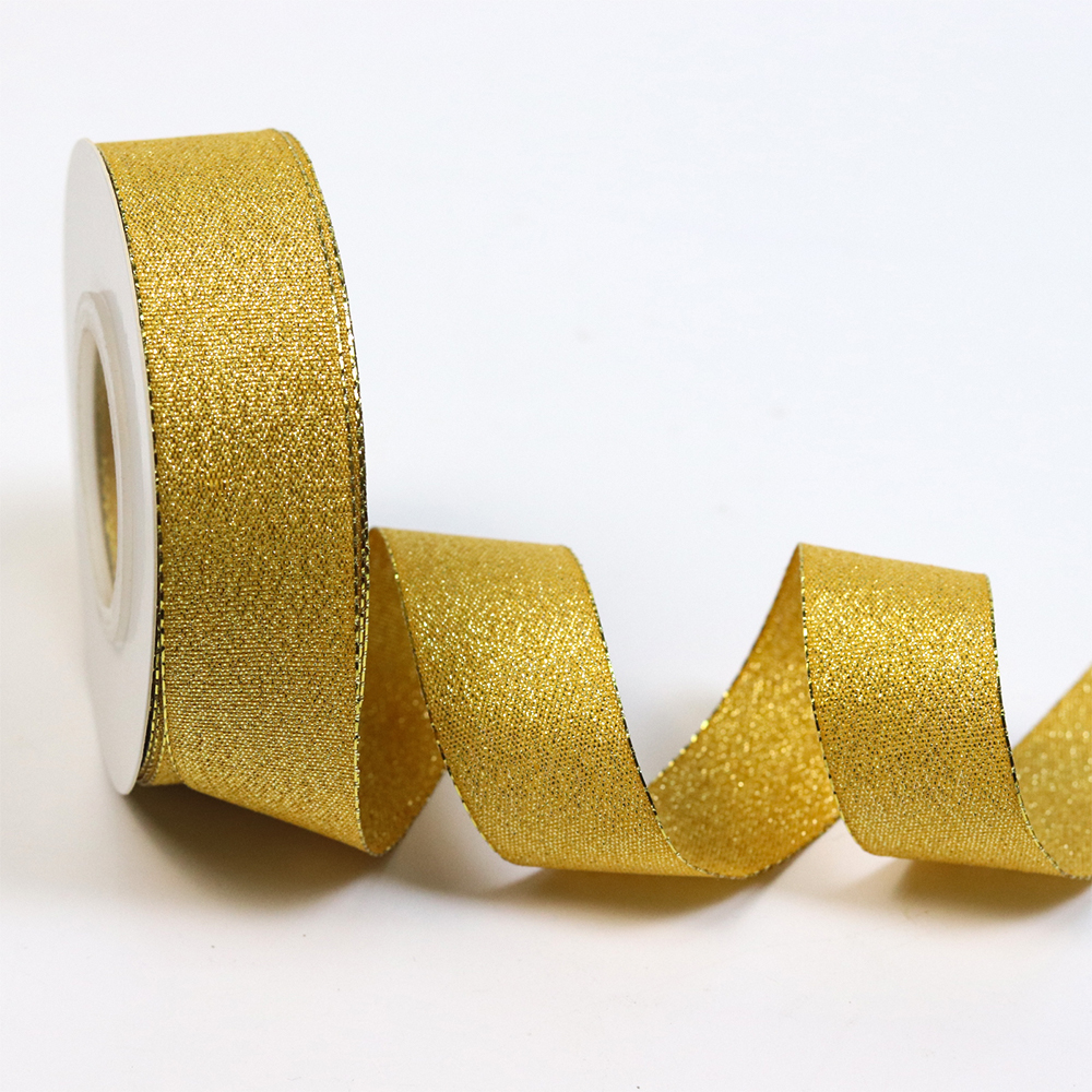 Wholesale Custom Gold Silver Metallic Polyester Ribbon Roll Satin Solid Color Glitter Ribbons for Christmas Gift Decorations